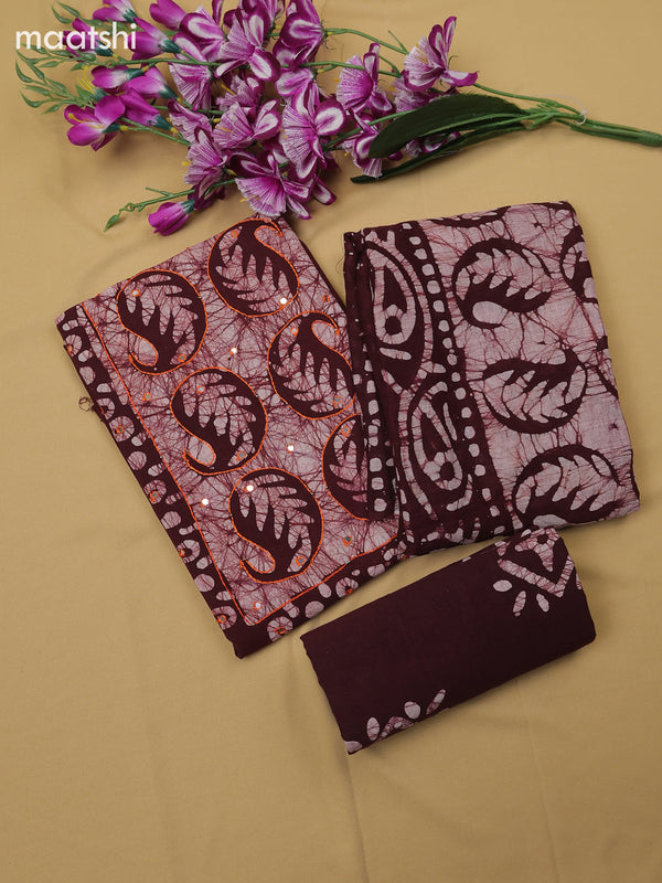 Brown Cotton Dress Material With Batik Prints & Simple Embroidery Work Neck Pattern