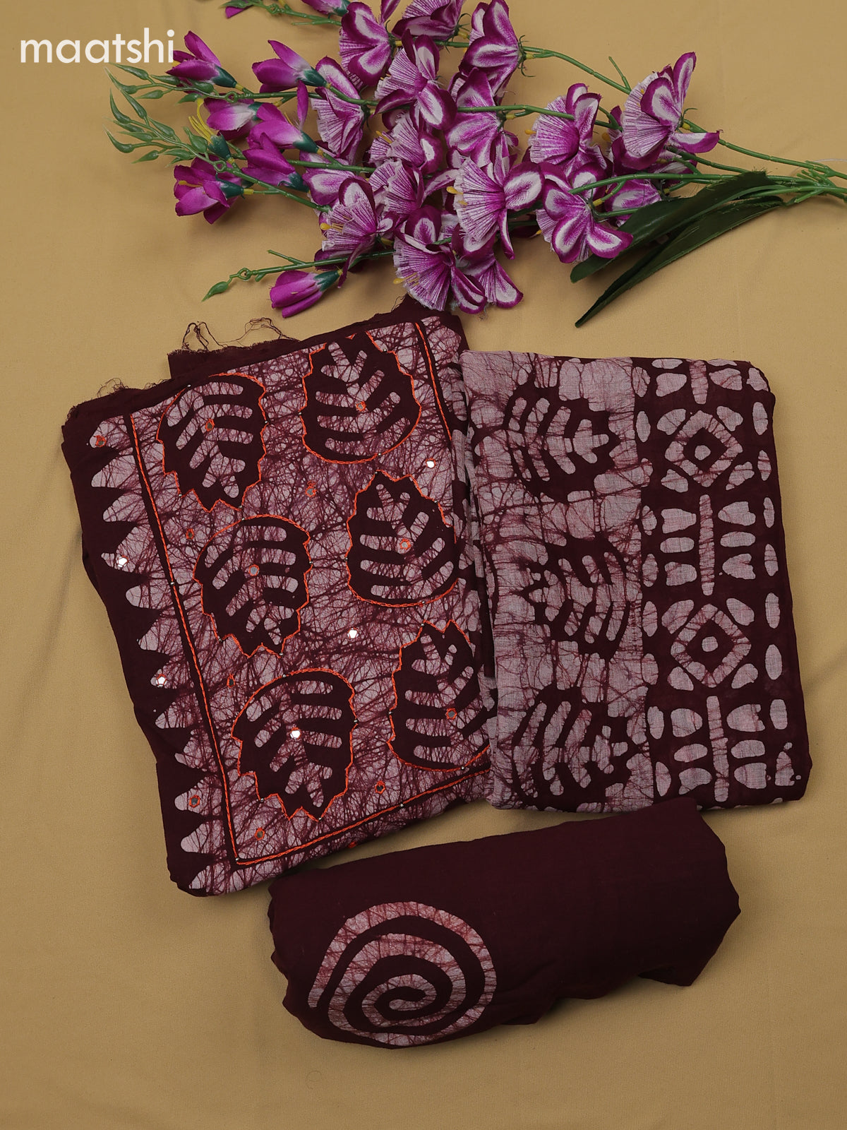 Deep Maroon Cotton Dress Material With Batik Prints & Simple Embroider – Maatshi