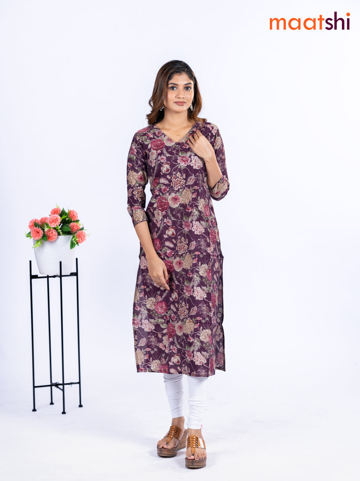 Modal kurti wine shade with allover floral prints & beaded work v neck pattern without pant