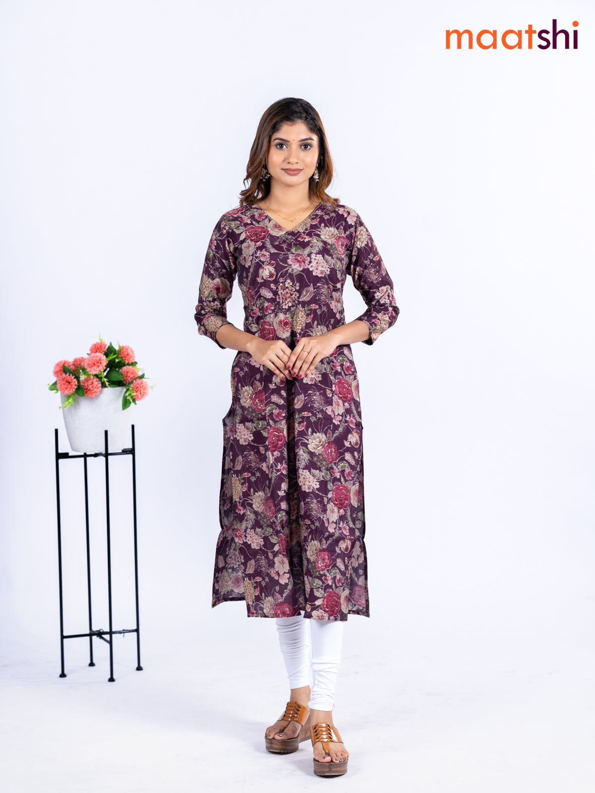 Modal kurti wine shade with allover floral prints & beaded work v neck pattern without pant