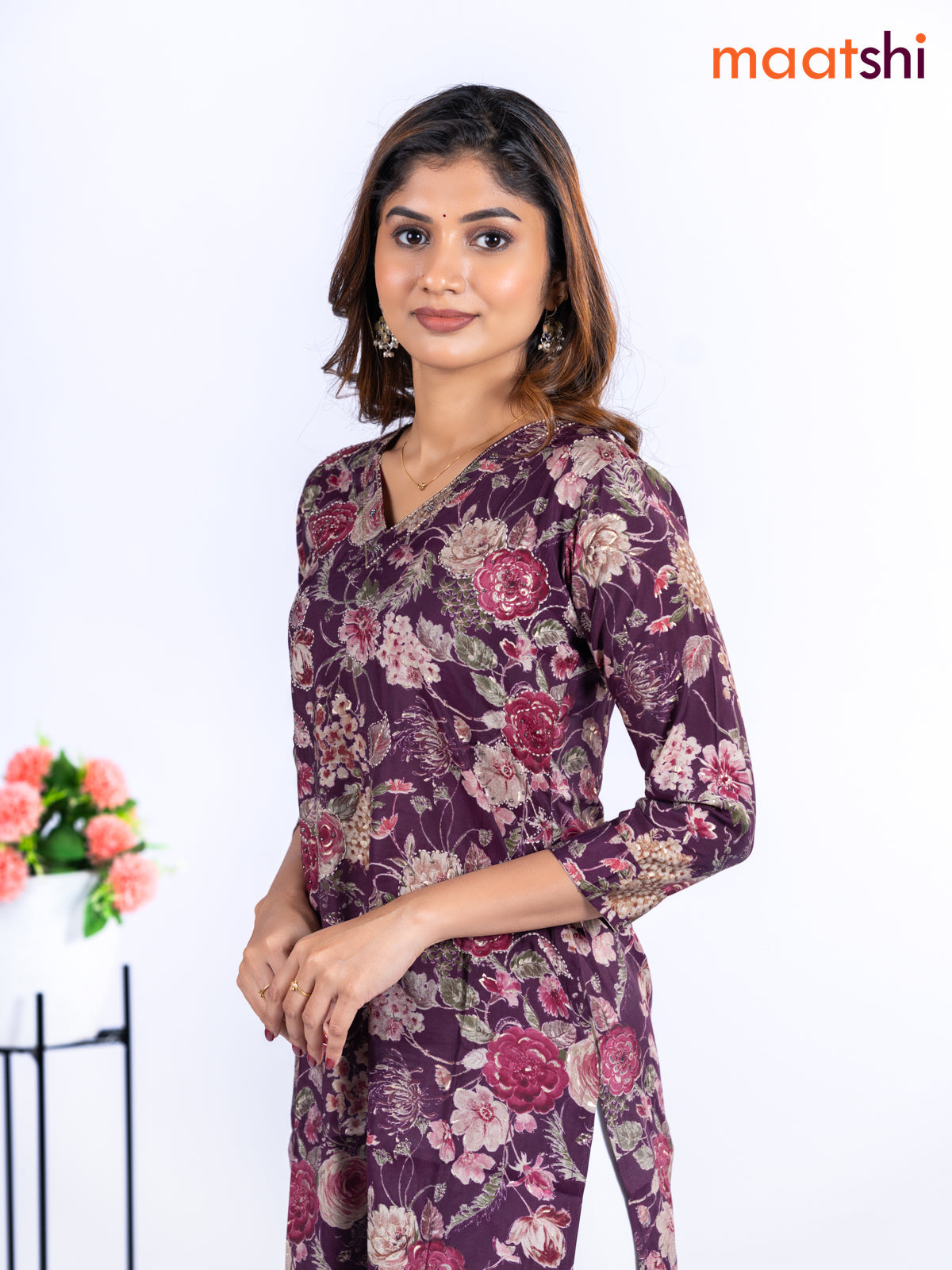 Modal kurti wine shade with allover floral prints & beaded work v neck pattern without pant