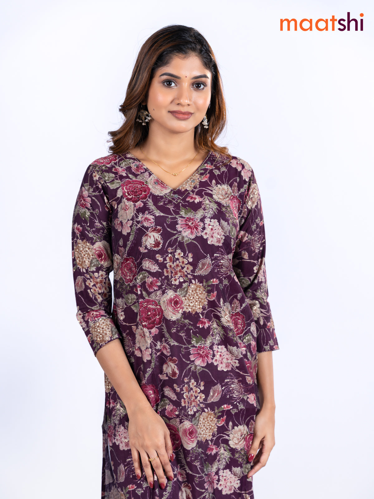 Modal kurti wine shade with allover floral prints & beaded work v neck pattern without pant