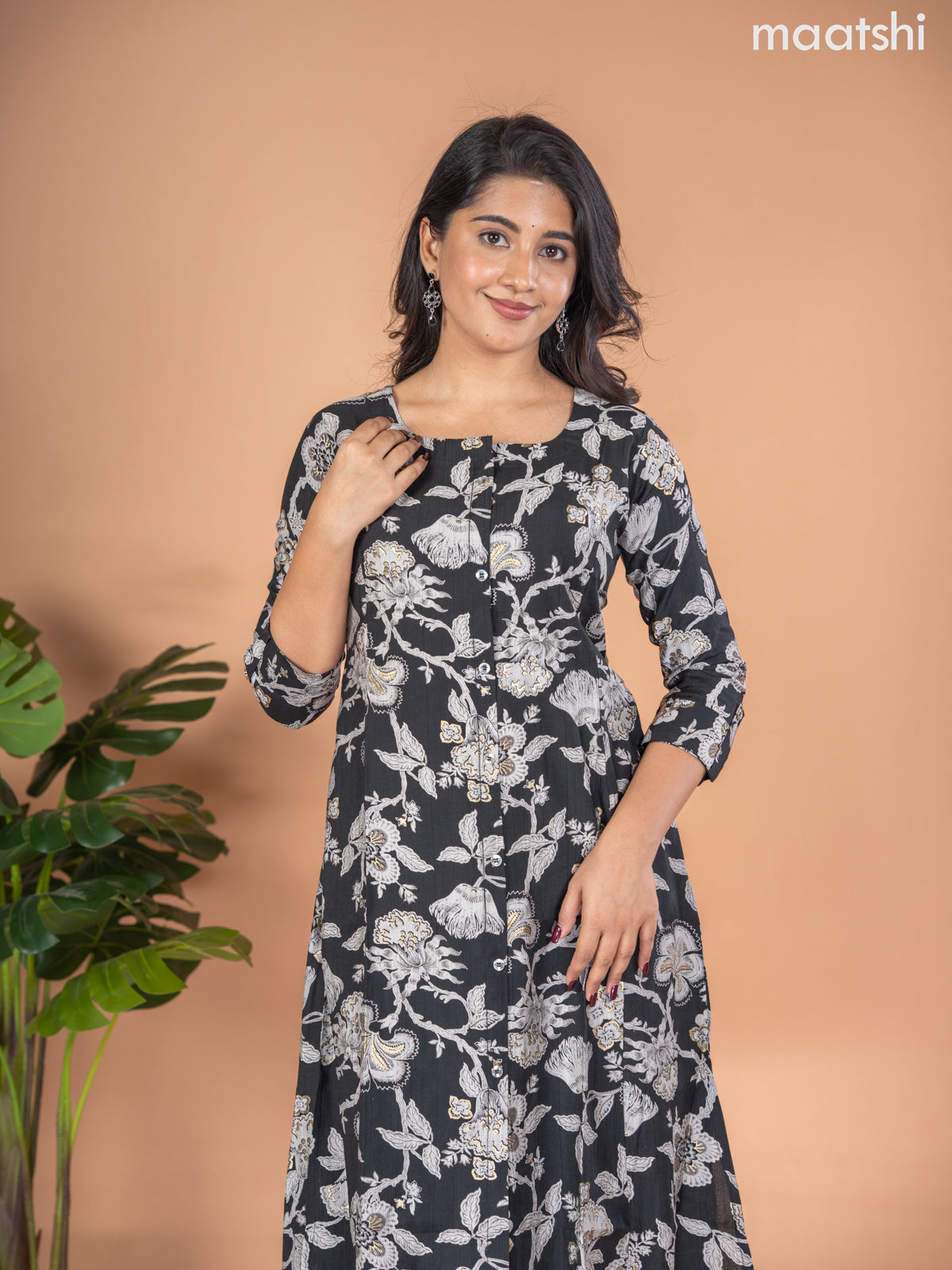 Rayon A-line kurti black and grey with allover floral prints & simple neck pattern without pant