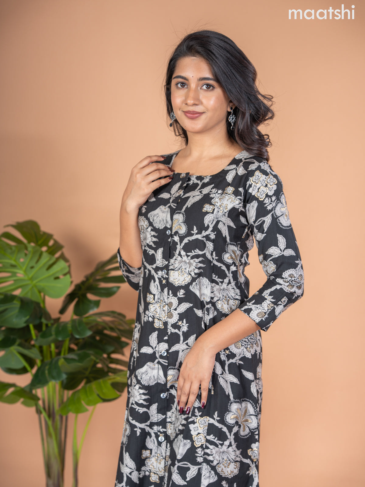 Rayon A-line kurti black and grey with allover floral prints & simple neck pattern without pant