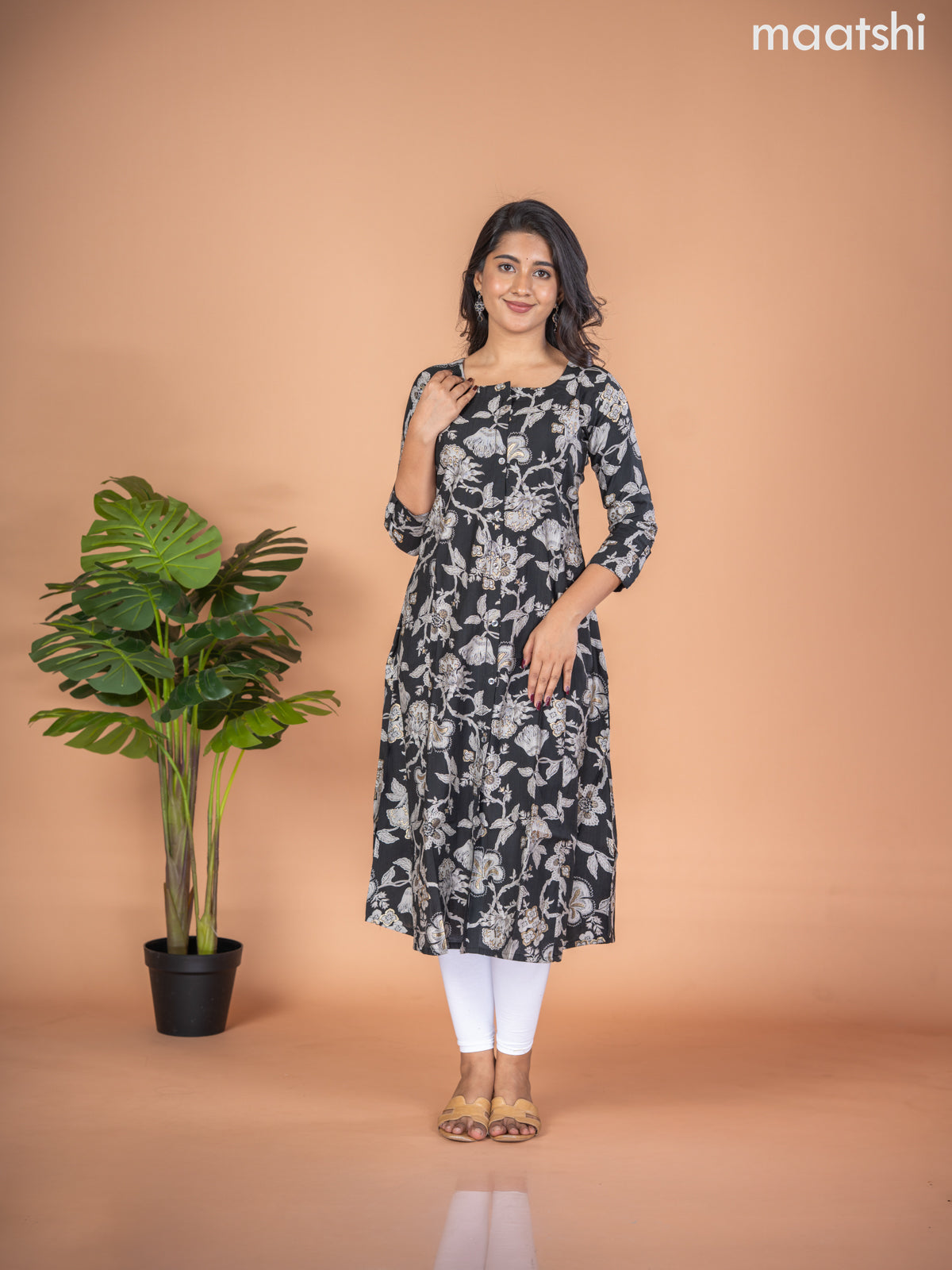 Rayon A-line kurti black and grey with allover floral prints & simple neck pattern without pant