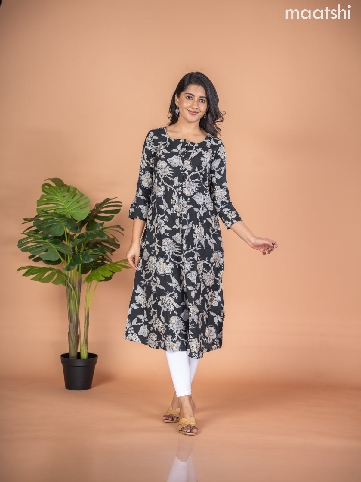 Rayon A-line kurti black and grey with allover floral prints & simple neck pattern without pant