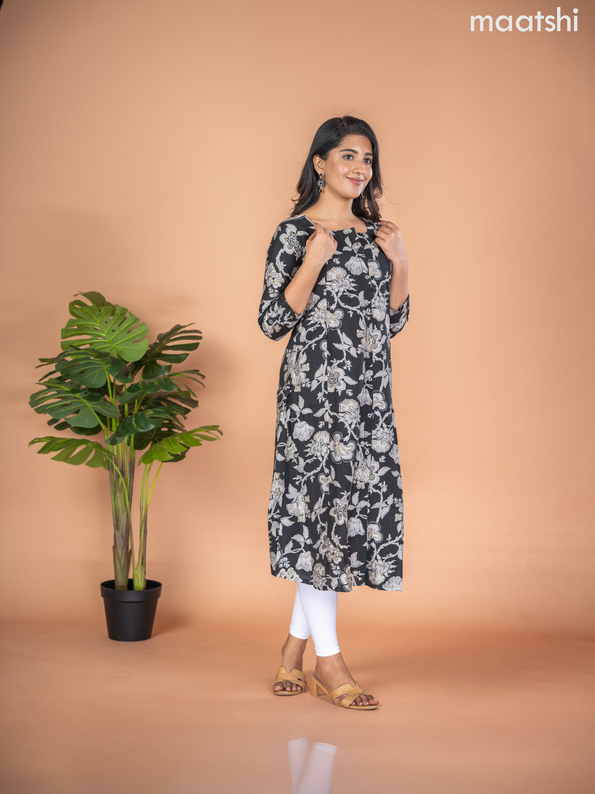 Rayon A-line kurti black and grey with allover floral prints & simple neck pattern without pant