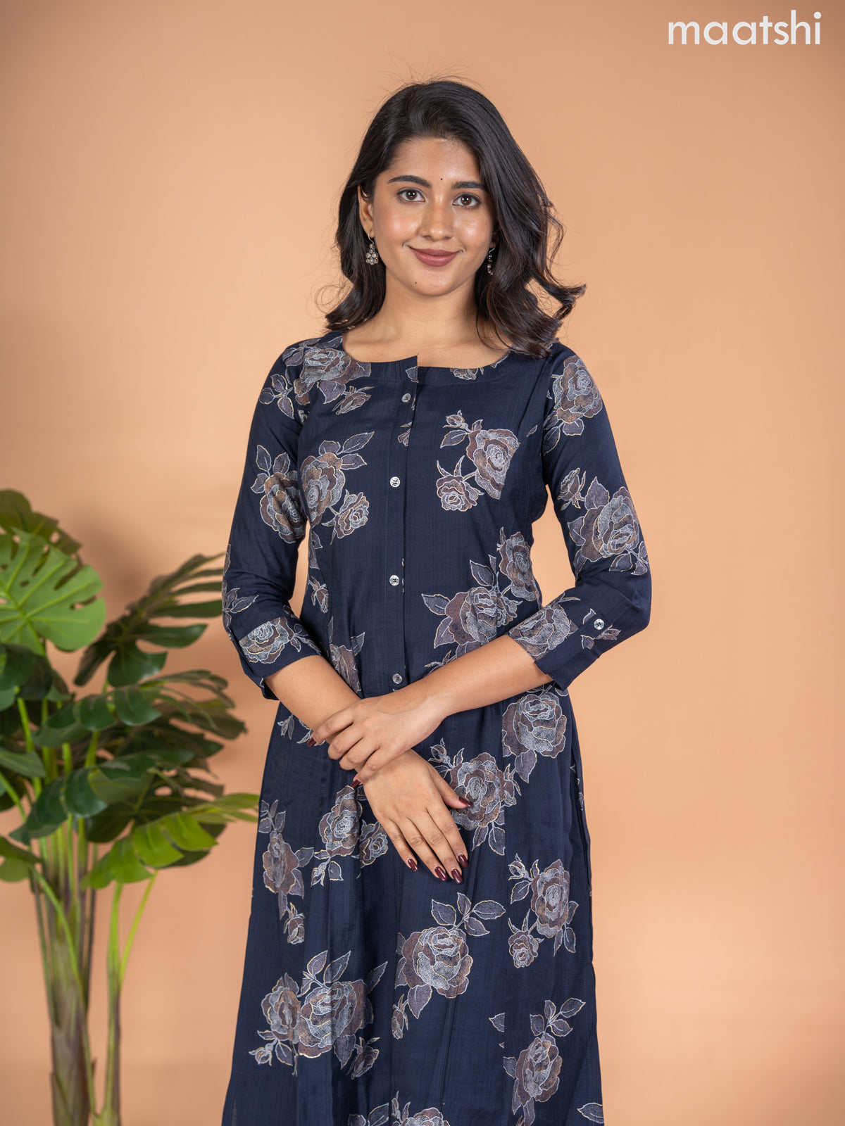 Rayon A-line kurti deep navy blue with allover floral butta prints & simple neck pattern without pant