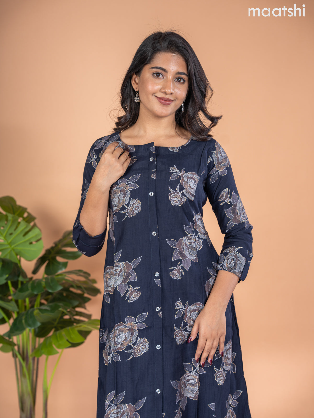 Rayon A-line kurti deep navy blue with allover floral butta prints & simple neck pattern without pant