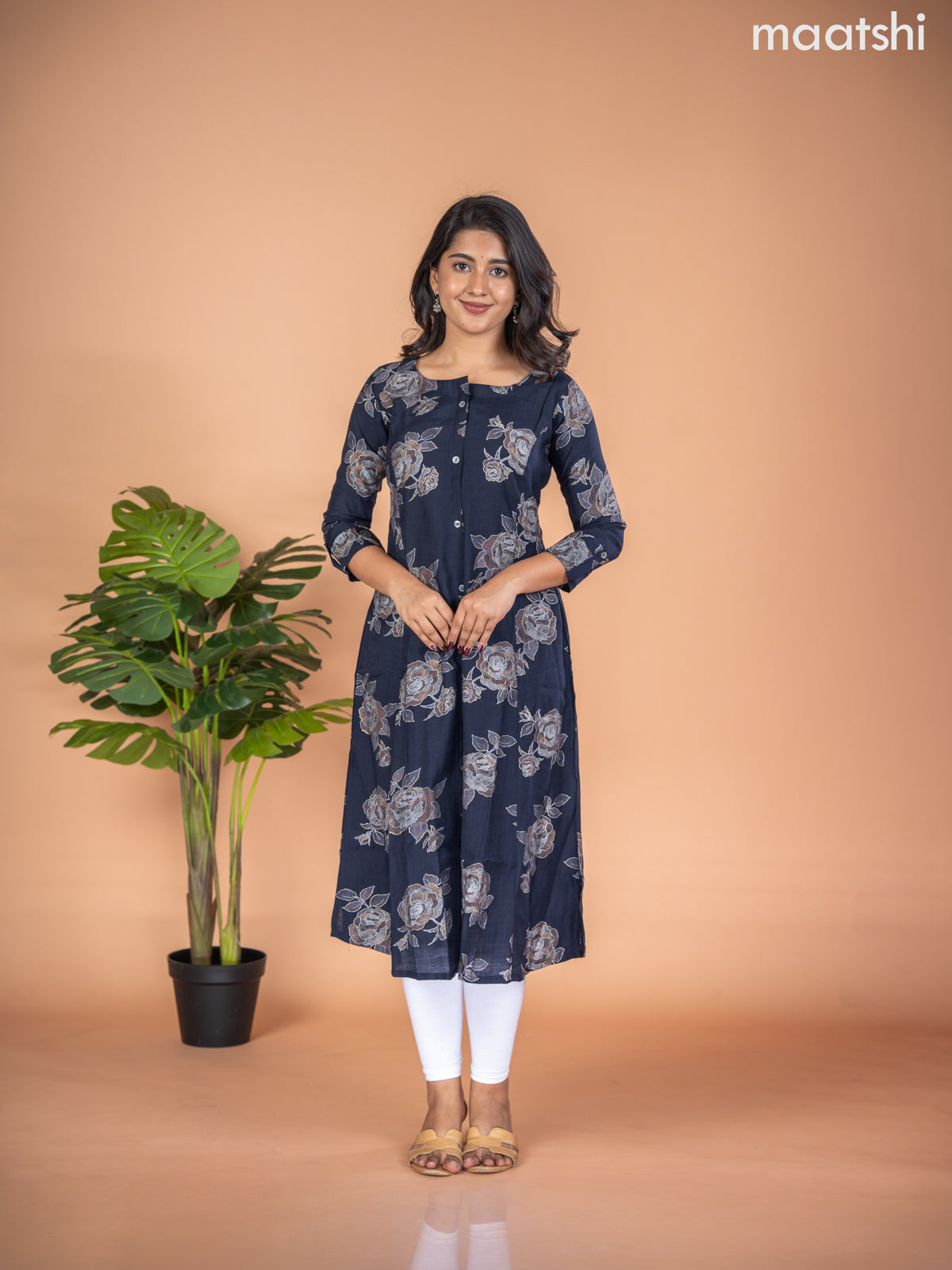 Rayon A-line kurti deep navy blue with allover floral butta prints & simple neck pattern without pant