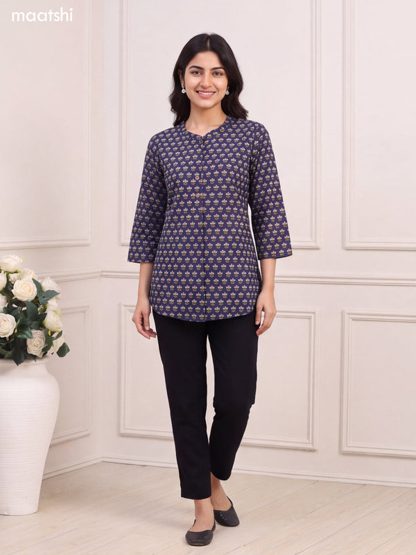 Deep Navy Blue Cotton Printed Short Kurti