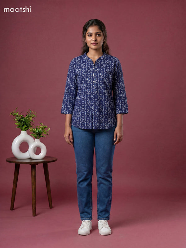 Indigo Blue Cotton Printed Short Kurti