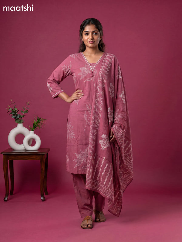 Mauve Pink Cotton Printed & Simple Embroidery Work Straight Suit