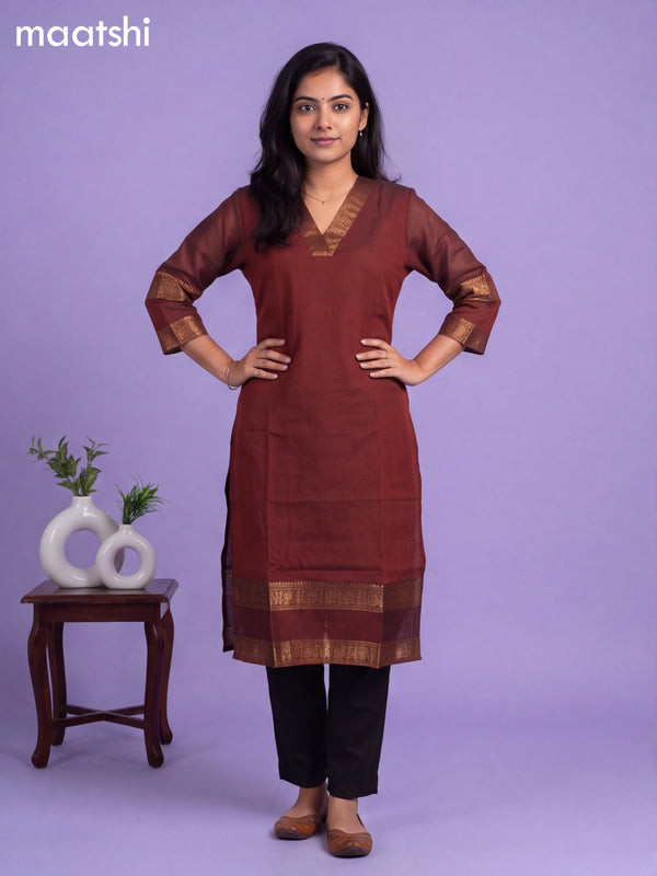 Rustic Brown Chettinad Cotton Zari Neck Pattern Straight Kurti