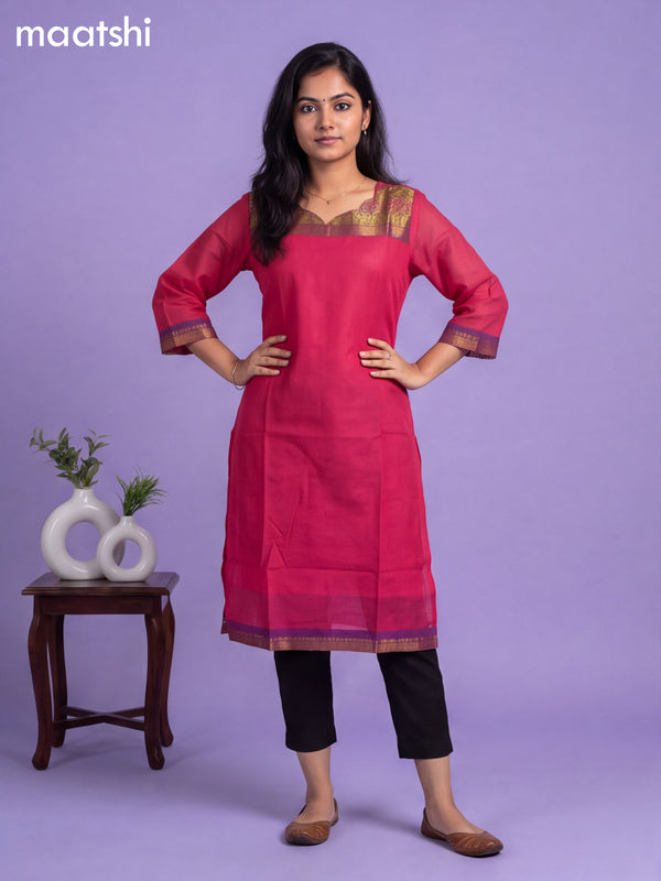 Pink Chettinad Cotton Zari Neck Pattern Straight Kurti