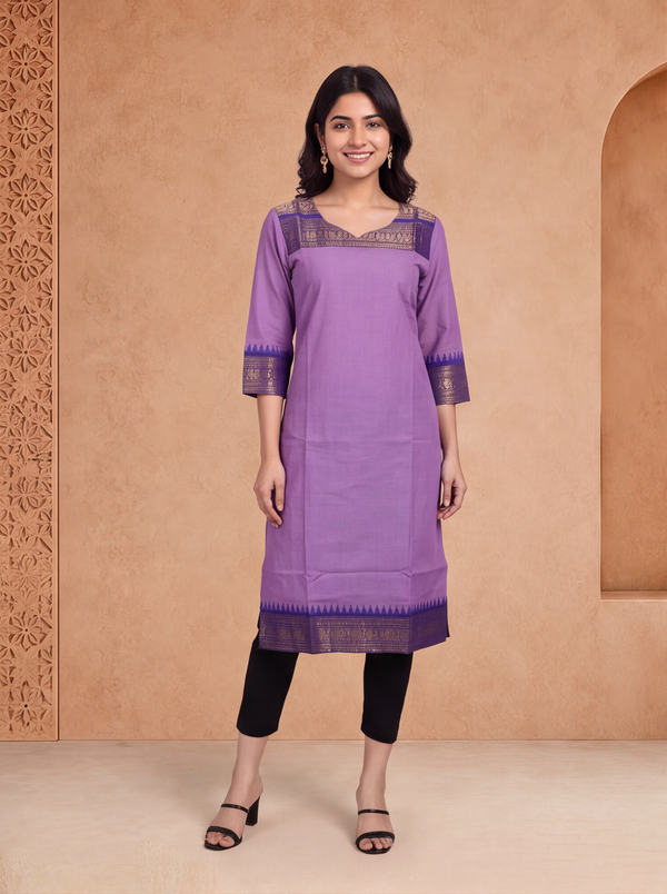 Lavender and Violet Chettinad Cotton With Zari Work Straight Kurti