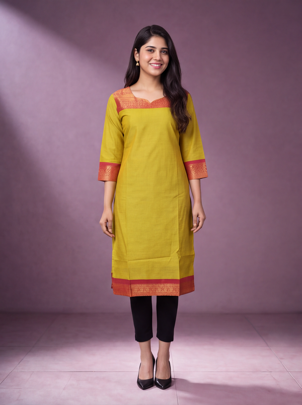 Mehendi Green and Magenta Pink Chettinad Cotton With Zari Work Straight Kurti