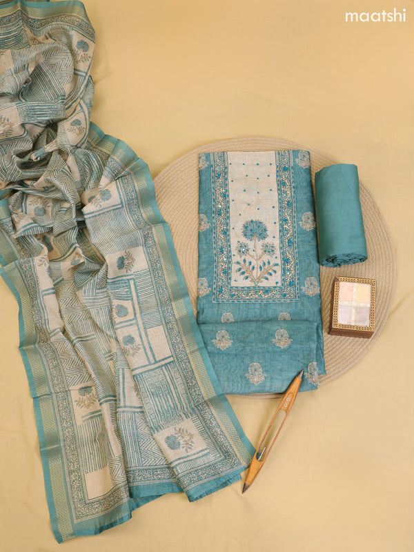 Peacock Blue Chanderi Dress Material With Printed Embroidery Work Neck Pattern With Bottom and Dupatta