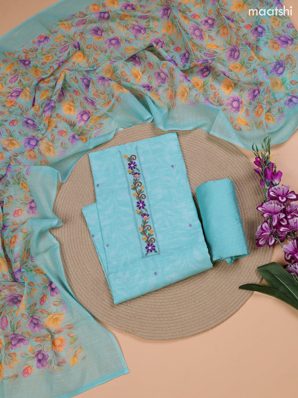 Teal Blue Linen Cotton Dress Material With Floral Prints & Embroidery Work Neck Pattern and Bottom & Dupatta