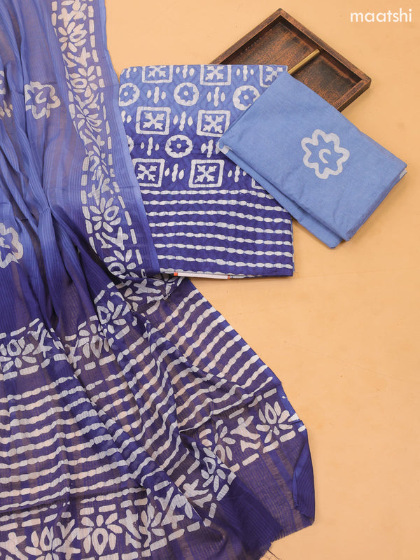 Blue and Off White Cotton Dress Material With Allover Batik Prints and Bottom & Dupatta