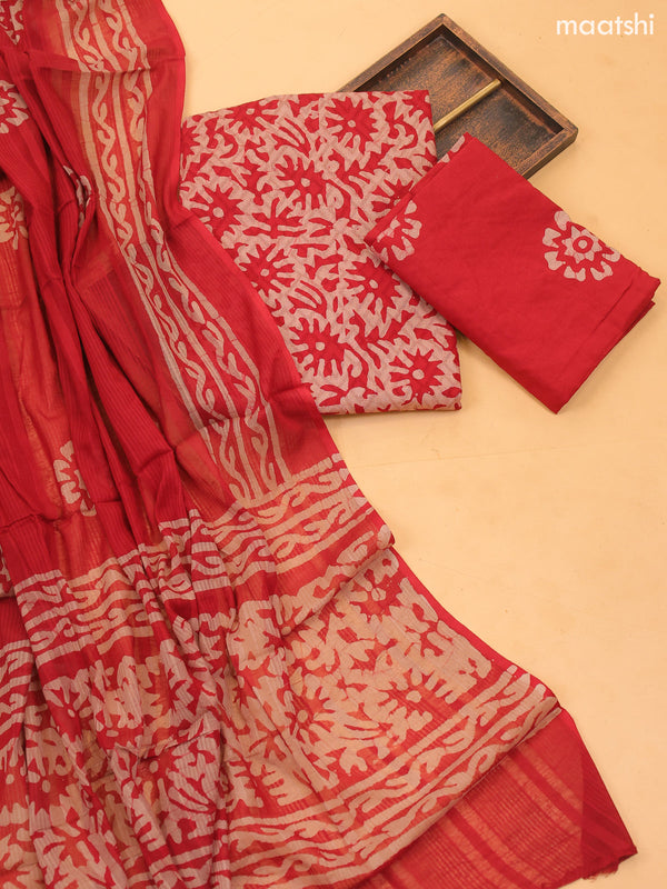 Red and Beige Cotton Dress Material With Allover Batik Prints and Bottom & Dupatta
