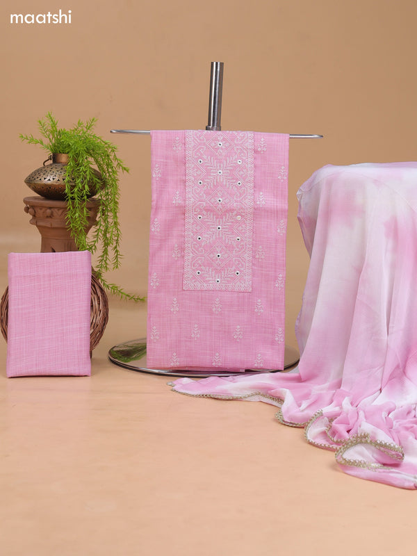 Pink and Off White Cotton Dress Material With Embroidery Work Neck Pattern and Bottom & Dupatta