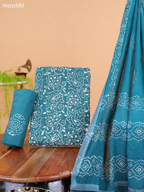 Green and Off White Cotton Dress Material With Batik Prints & Hakoba Work Pattern and Bottom & Dupatta