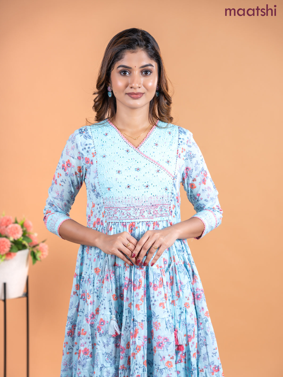 Cotton anarkali kurti light blue with allover prints & hakoba lace work neck pattern without pant