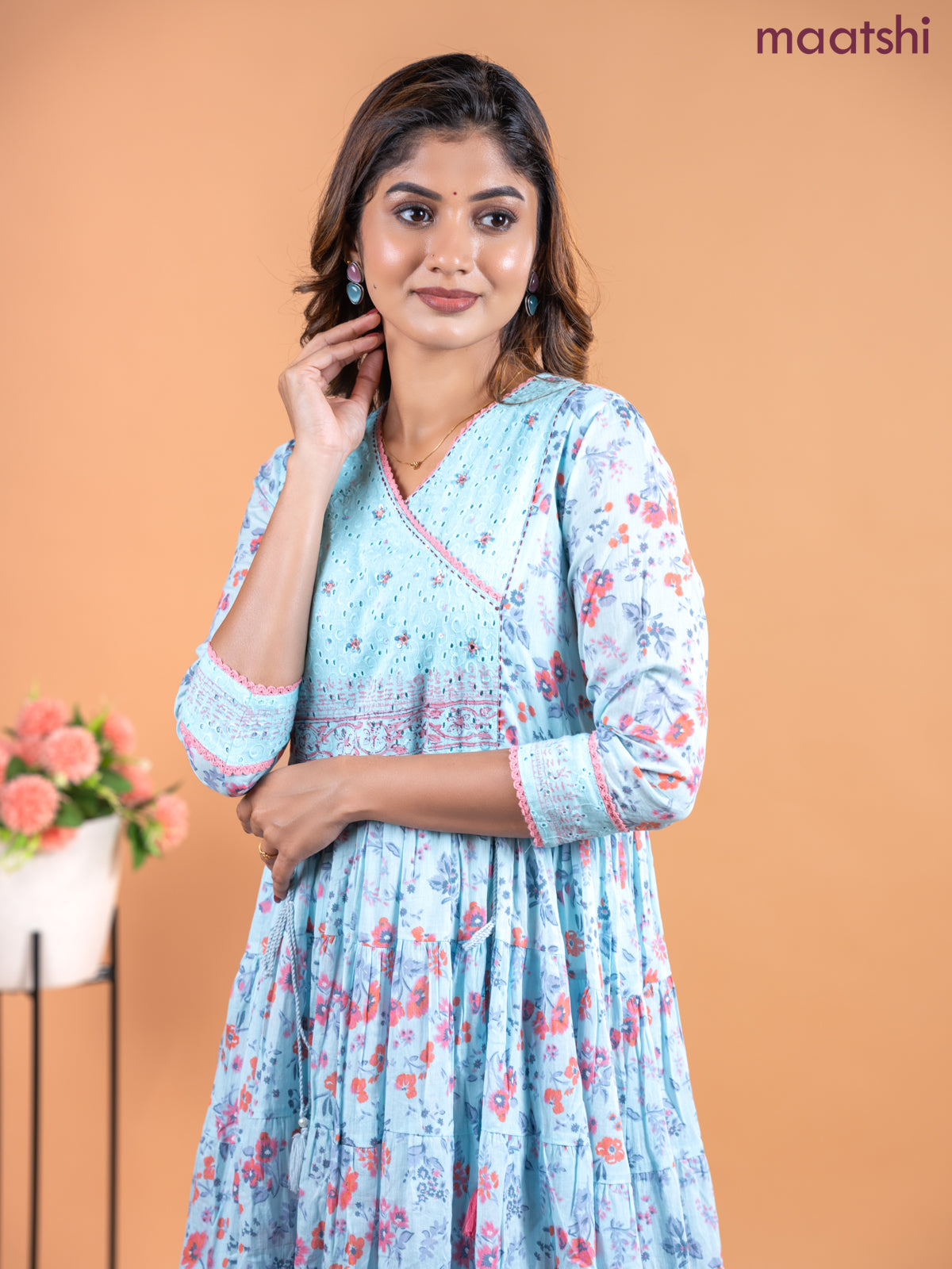 Cotton anarkali kurti light blue with allover prints & hakoba lace work neck pattern without pant