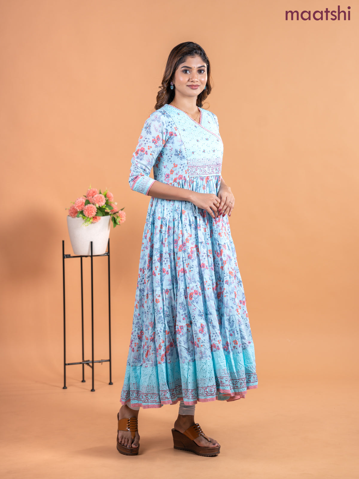 Cotton anarkali kurti light blue with allover prints & hakoba lace work neck pattern without pant