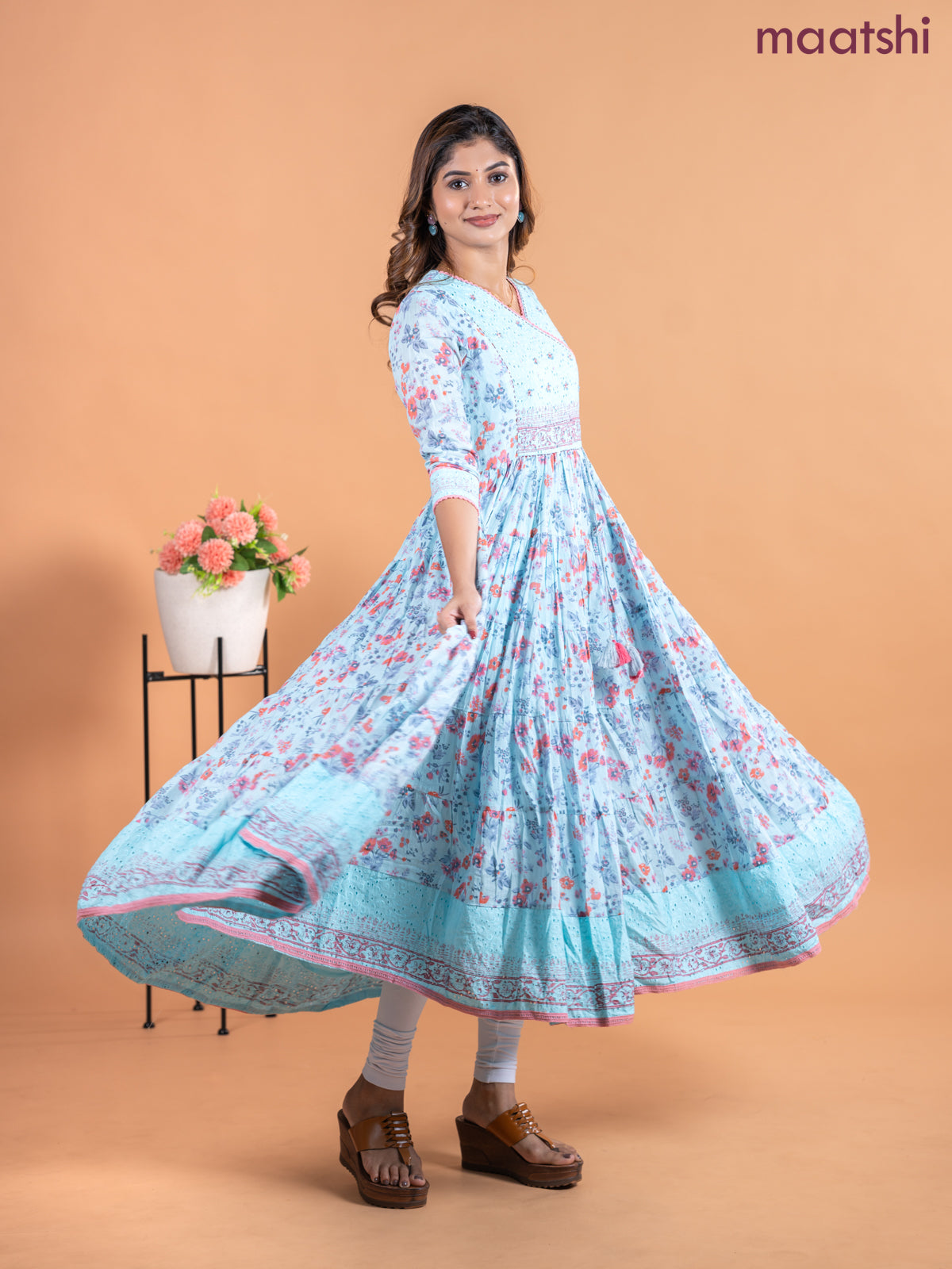 Cotton anarkali kurti light blue with allover prints & hakoba lace work neck pattern without pant