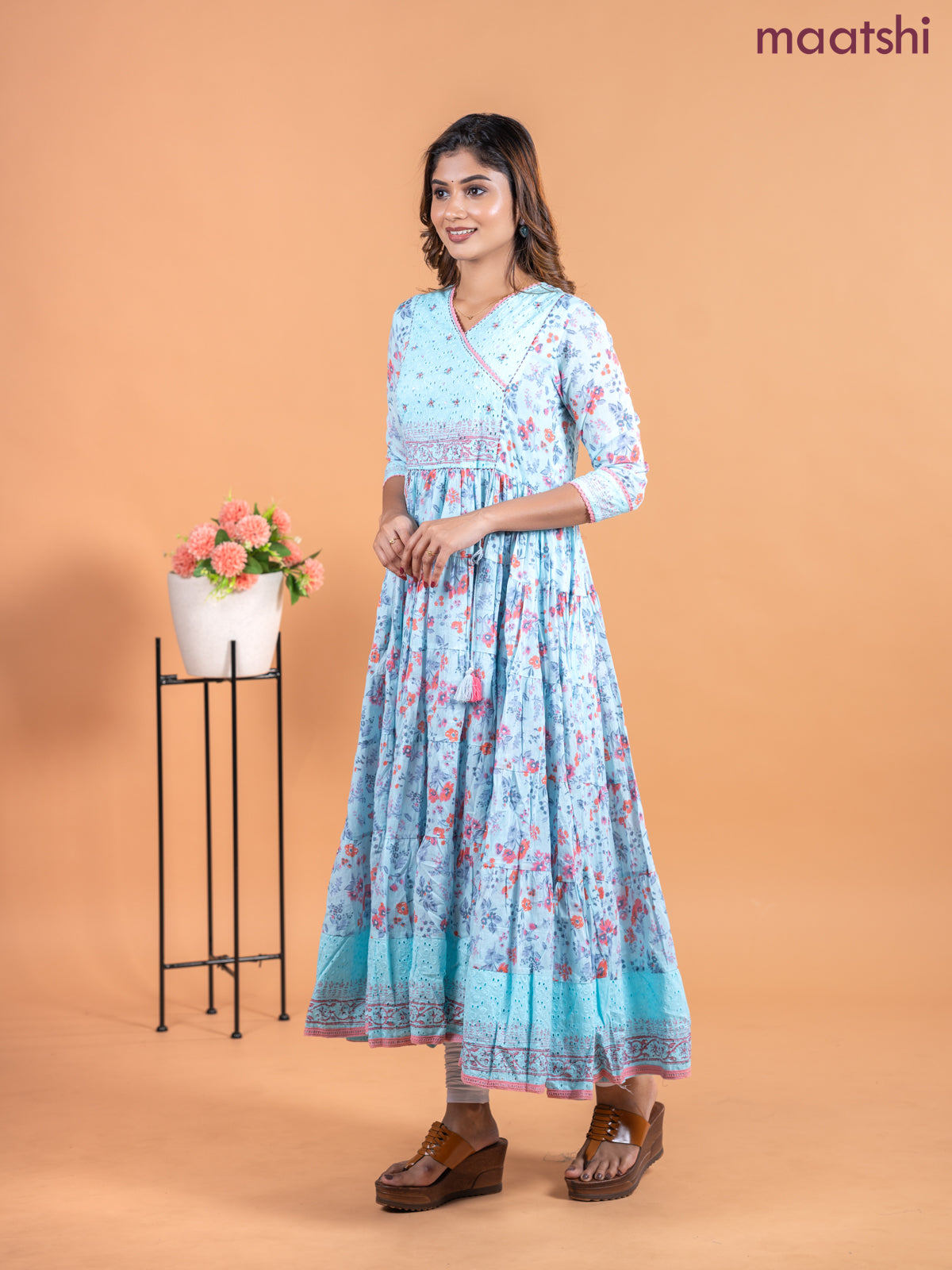 Cotton anarkali kurti light blue with allover prints & hakoba lace work neck pattern without pant