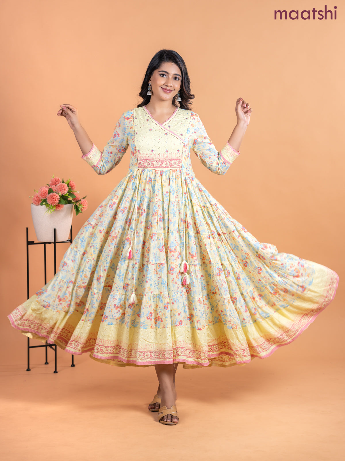 Cotton anarkali kurti pale yellow with allover prints & hakoba lace work neck pattern without pant