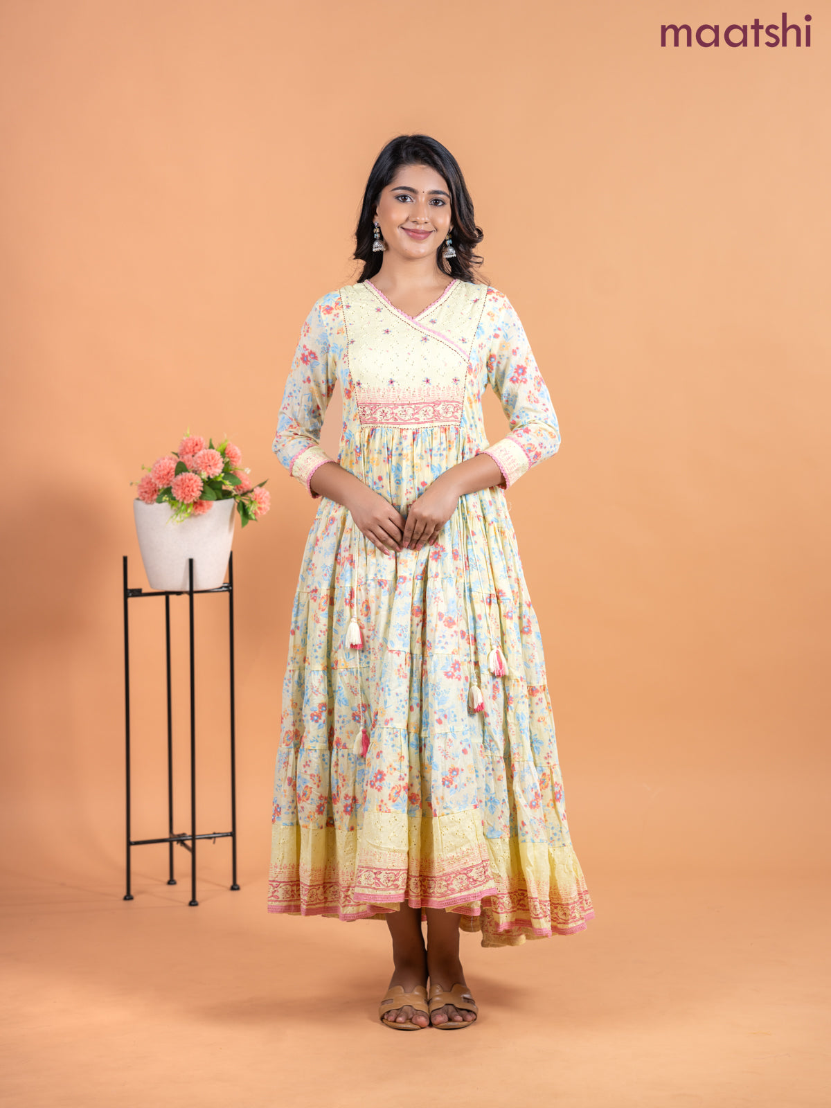 Cotton anarkali kurti pale yellow with allover prints & hakoba lace work neck pattern without pant