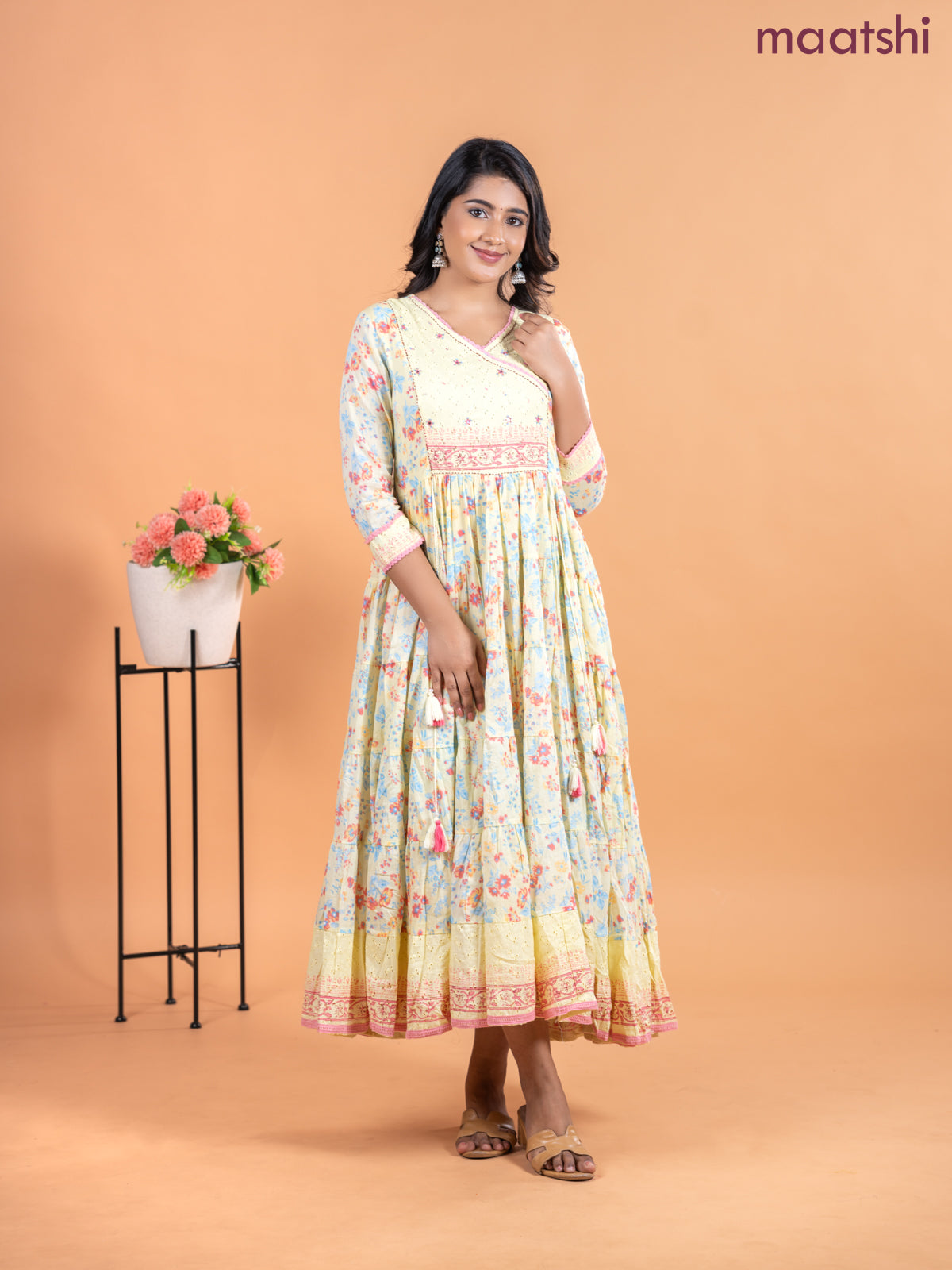 Cotton anarkali kurti pale yellow with allover prints & hakoba lace work neck pattern without pant