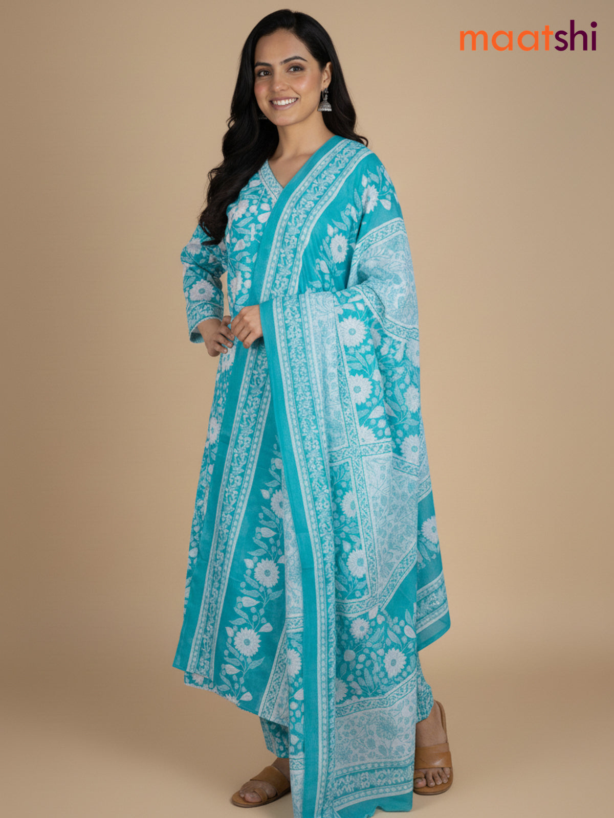 Teal Blue Cotton Floral Printed Anarkali Suit
