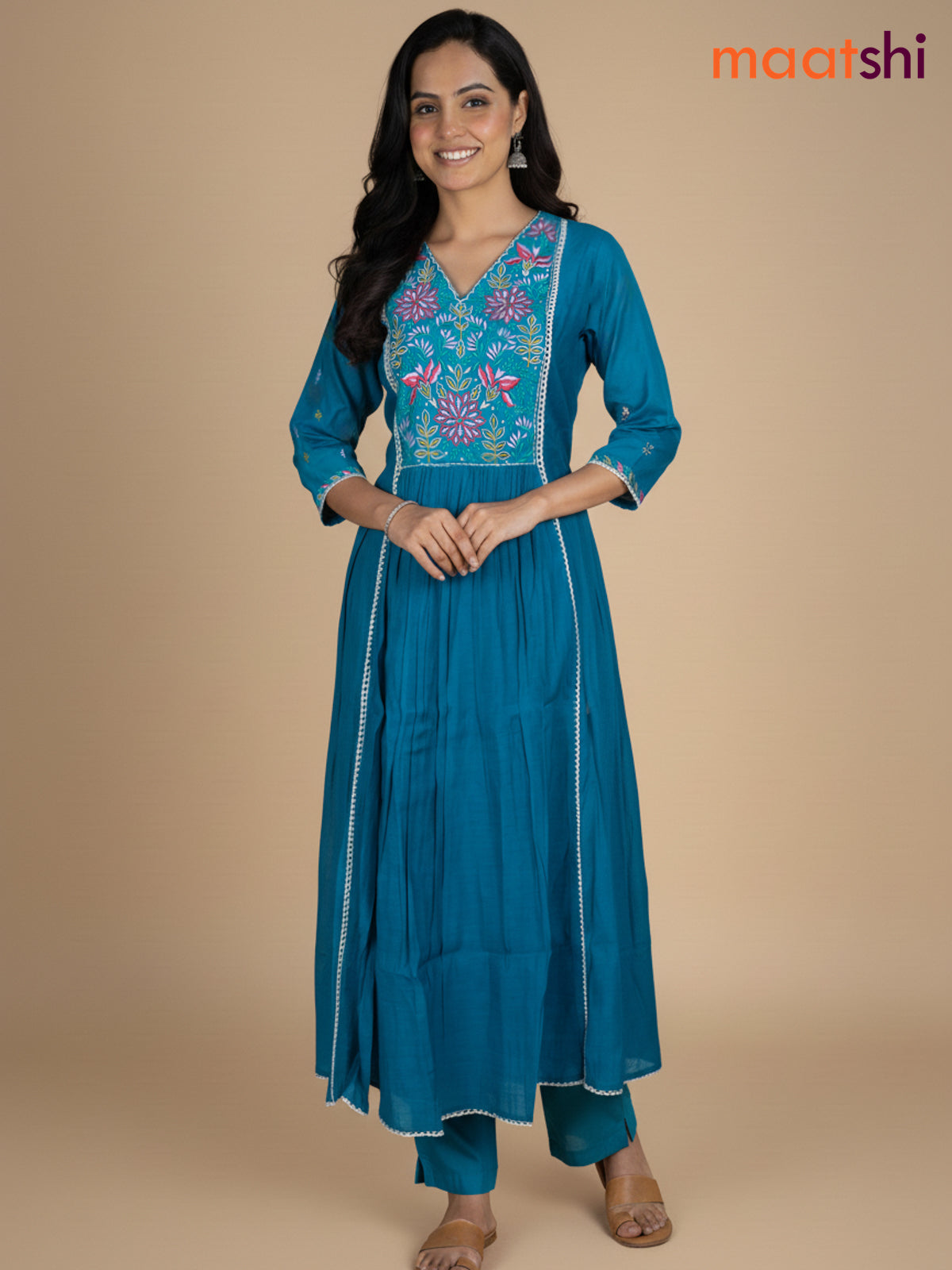 Teal Blue Chanderi Embroidery Work Anarkali Suit