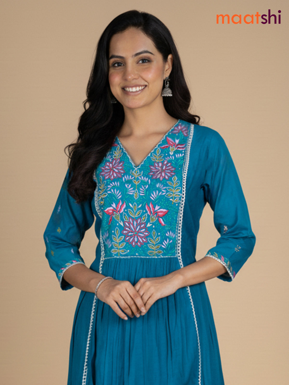 Teal Blue Chanderi Embroidery Work Anarkali Suit