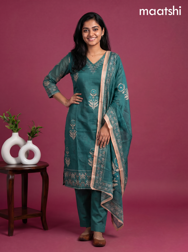 Teal Green Kota Printed & Simple Embroidery Work Straight Suit