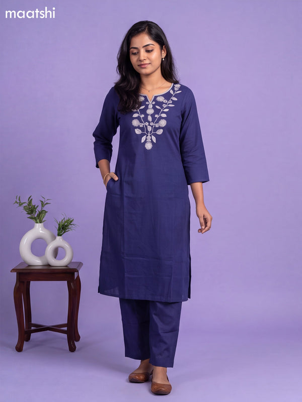 Navy Blue Cotton Embroidery Work Kurti & Bottom Set