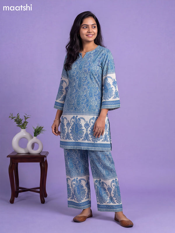 Off White and Blue Cotton Floral Printed Co-Ord Set