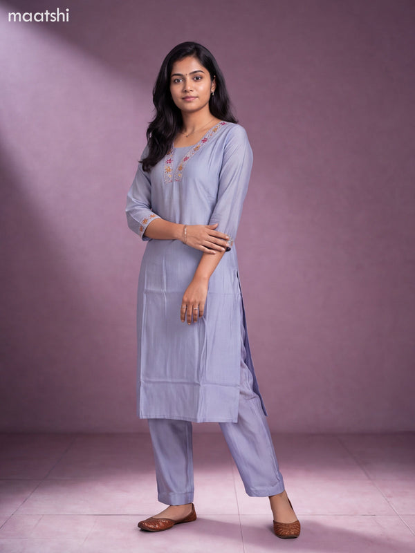 Pastel Grey Chanderi Embroidery Work Kurti Set