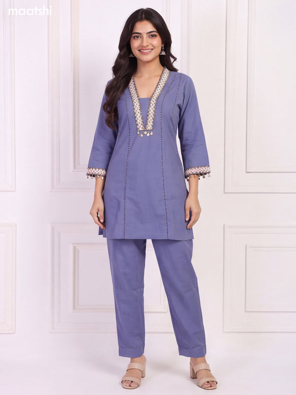 Bluish Grey Cotton Geometric Lace Embroidery Work Short Co-Ord Set