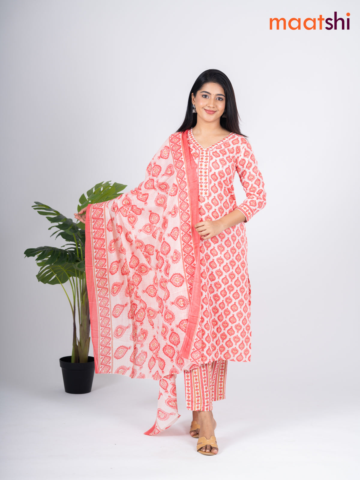 Semi cotton salwar suit off white and peach shade with allover prints & embroidery sequin work v neck pattern and straight cut pant & dupatta
