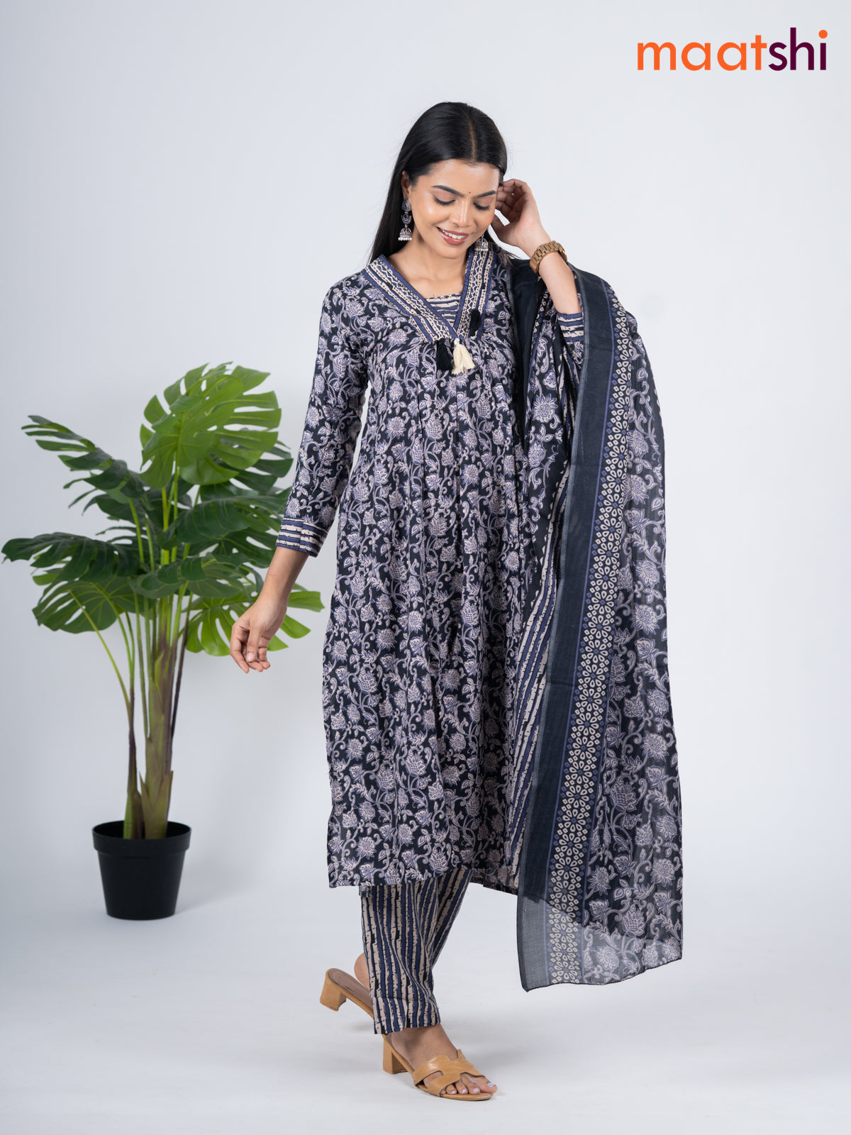 Semi cotton salwar suit black and blue with allover floral prints & embroidery work neck pattern and straight cut pant & dupatta