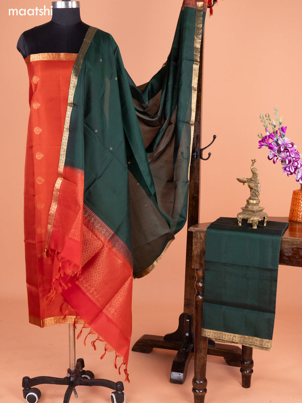 Rustic Orange and Green Pure Silk Dress Material With Thread & Zari Buttas