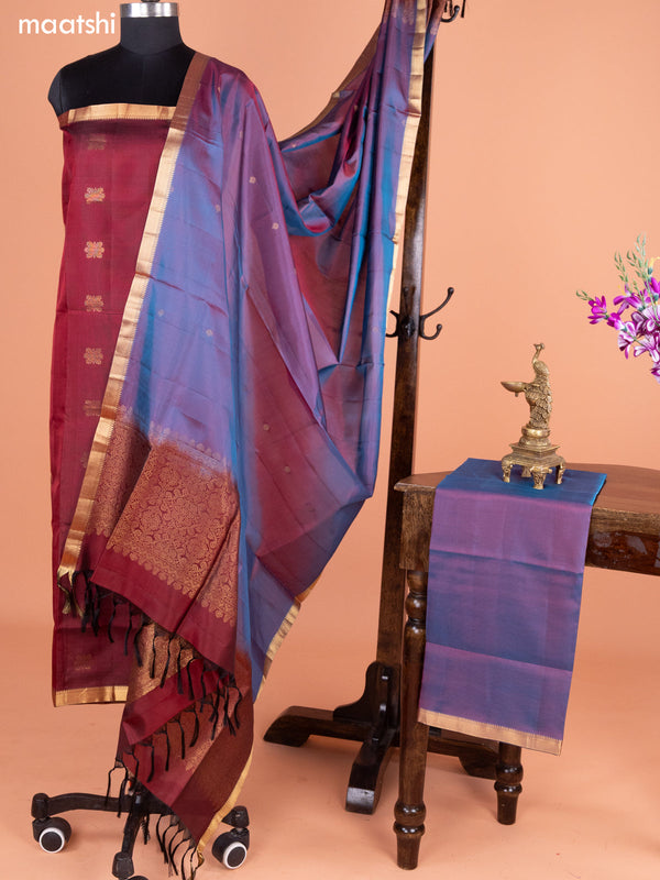 Maroon and Dual Shade Of Blue Pure Silk Dress Material With Thread & Zari Buttas