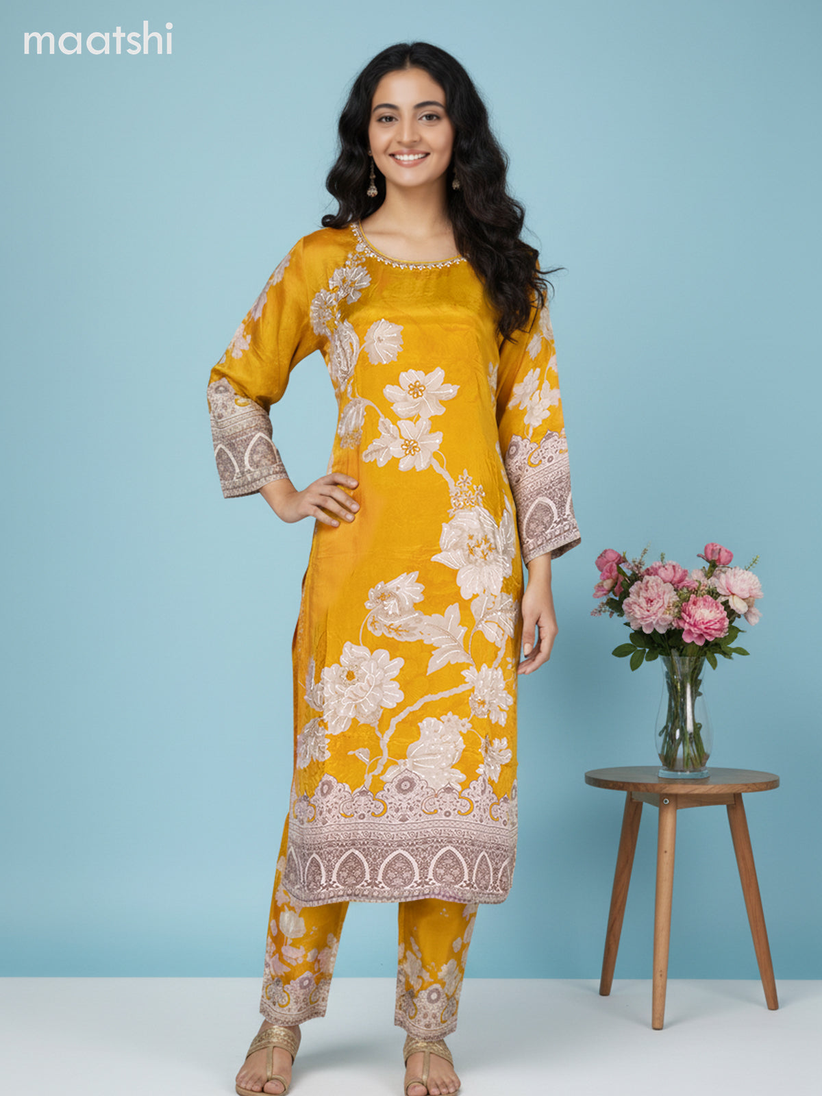 Mustard Yellow and Beige Grey Crepe Silk Floral Printed Straight Suit