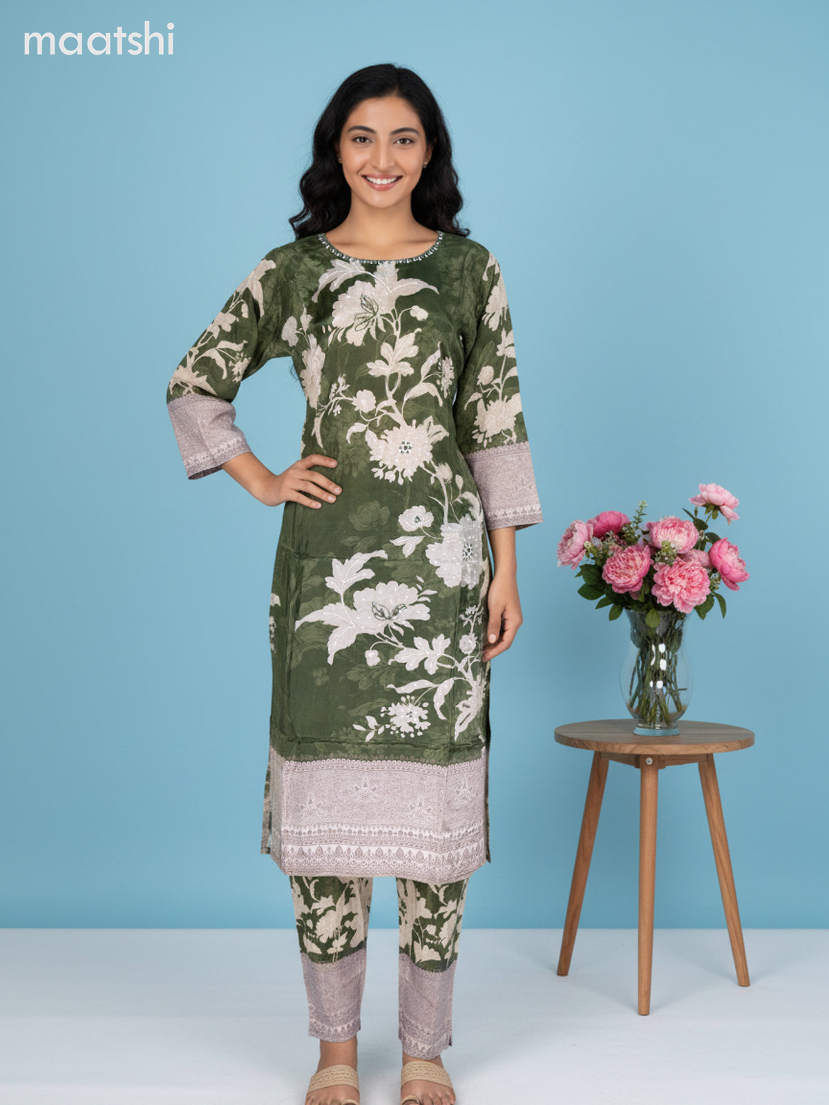 Sap Green and Beige Grey Crepe Silk Floral Printed Straight Suit