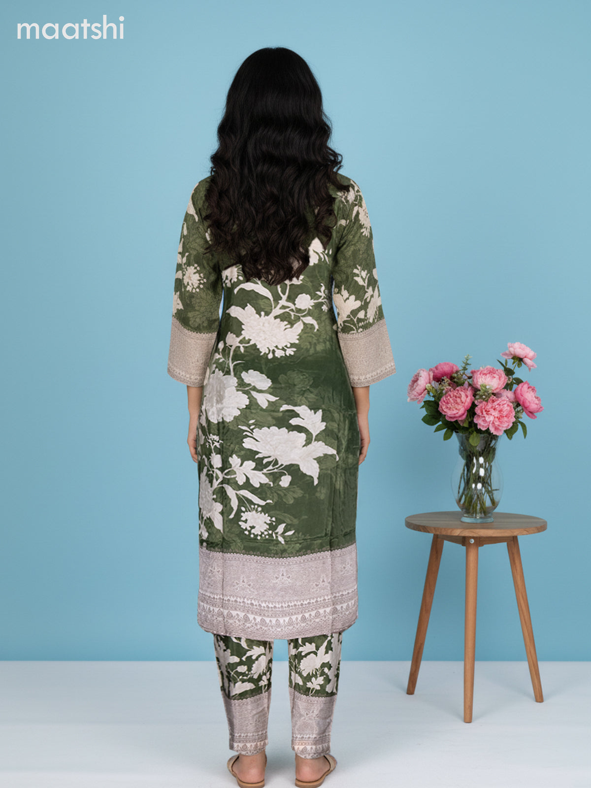 Sap Green and Beige Grey Crepe Silk Floral Printed Straight Suit